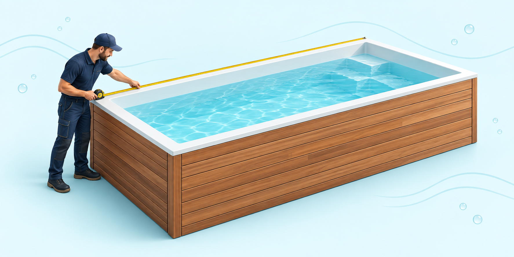Profesional midiendo una piscina Oasis elevada para personalizar sus dimensiones